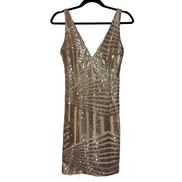 Ropalia Rose Gold Sparkly Sequin Deep V-neck Bodycon Mini Cocktail Dress Size S - Picture 1 of 9